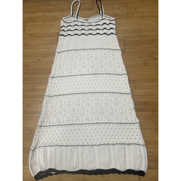 Boho Crochet Knit Maxi Dress – White with Black Trim Mediterranean Vibe Sz XL - Picture 6 of 8